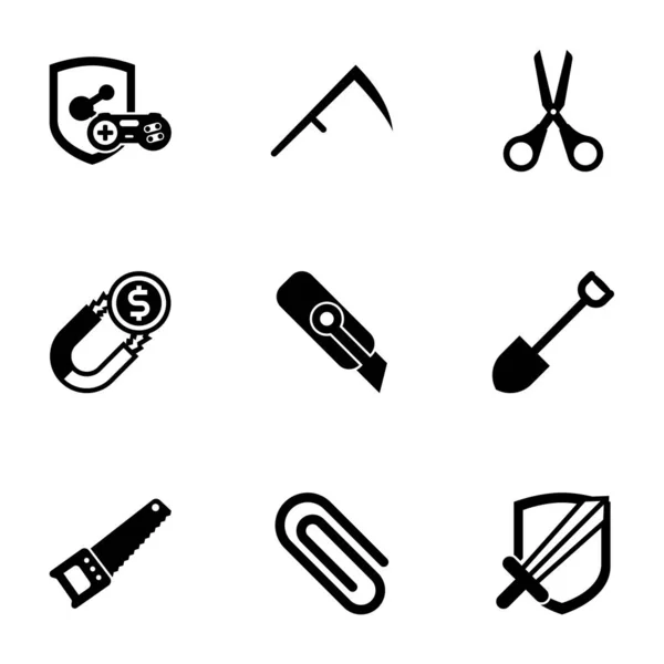 9 steel filled icons set isolated on white background. Icons set with game clan, Scythe, Scissors, Attract, Cutter knife, Shovel, Hand saw, Paperclip, RPG icons. — ストックベクタ