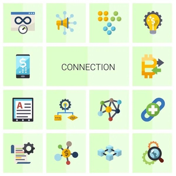 14 connection flat icons set isolated on white background. Icons set with digital banking, Web Hosting, Algorithm, Peer to Peer, Bandwidth, Advertising Networks, Clustering icons. — 图库矢量图片