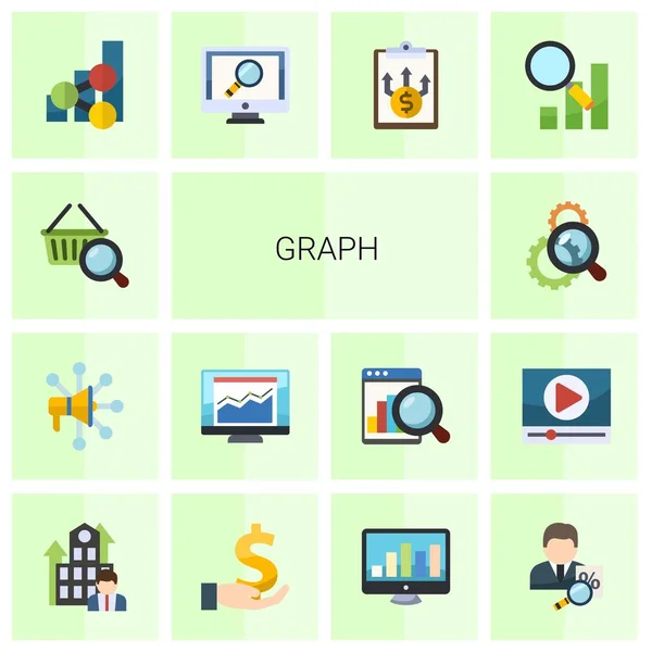 14 graph flat icons set isolated on white background. Icons set with Marketing research, Advertising Networks, statistics, Search optimization, social media trends, analytics app icons. — 图库矢量图片