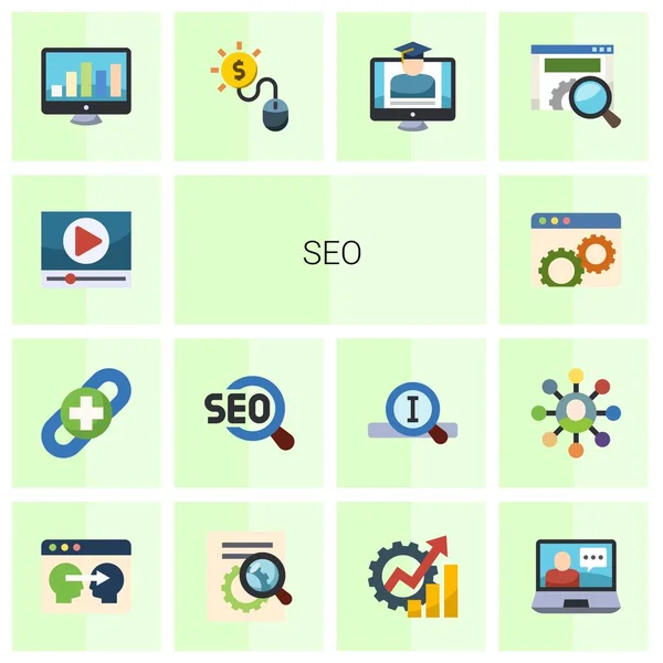 14 icone seo piatto impostato isolato su sfondo bianco. Icone impostate con Video marketing, link building, SEO, Ottimizzazione siti web, Monitoraggio SEO, Pay per click, Icone della Strategia eCommerce . — Vettoriale Stock