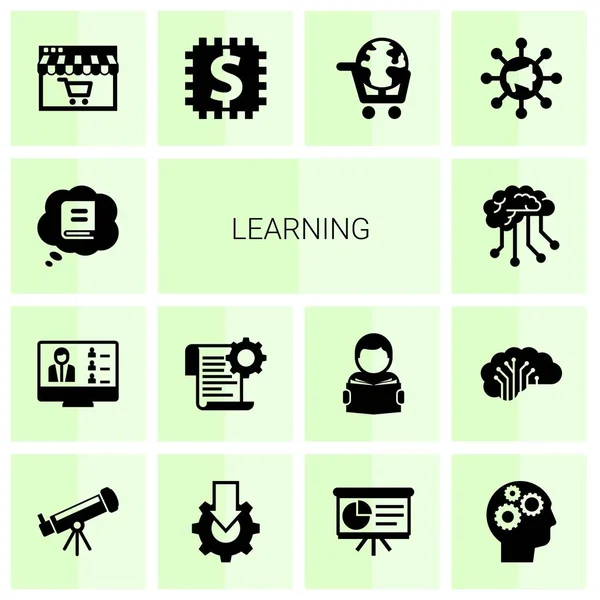14 iconos llenos de aprendizaje establecidos aislados sobre fondo blanco. Iconos establecidos con el conocimiento, Webinar, Autoaprendizaje, Aprendizaje profundo, Aprendizaje a distancia, Iconos de aprendizaje electrónico combinado . — Vector de stock