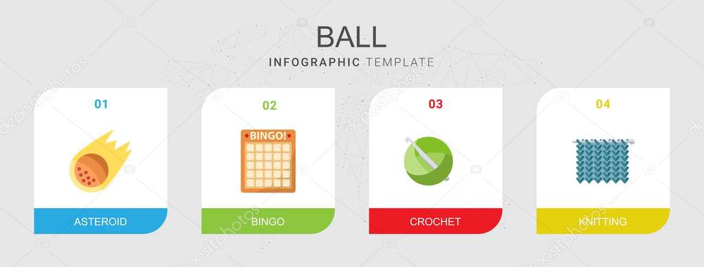 4 ball flat icons set isolated on infographic template. Icons set with asteroid, Bingo, crochet, Knitting icons.
