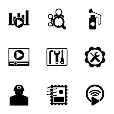 9 service filled icons set isolated on white background. Icons set with Bitrate, Audience targeting, Disinfection service, Video marketing, repair kit, Repair service, worker icons.