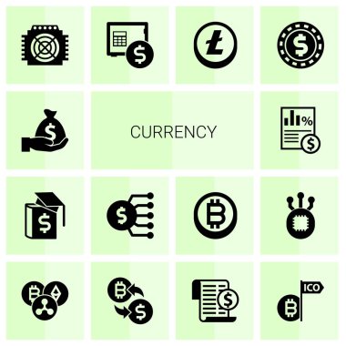 14 currency filled icons set isolated on white background. Icons set with Deposit, Business education, Marketing budget, Taxes, ASIC Miner, rent deposit, Altcoin, casino Chip icons.