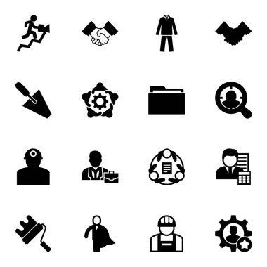 16 job filled icons set isolated on white background. Icons set with career growth, Partnership, suit, trowel, teamwork, Folder, worker, professional, partnership, Target Audience icons.
