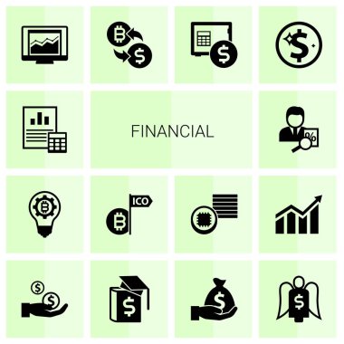 14 financial filled icons set isolated on white background. Icons set with Balance Sheet, fintech innovation, Initial Coin Offering, tax consultant, statistics, crypto-exchange icons.
