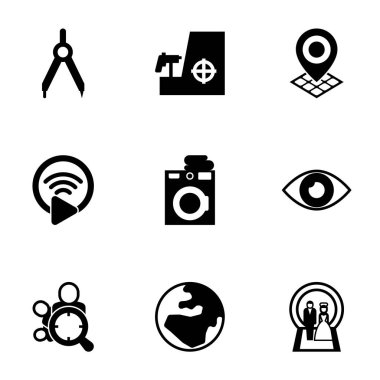 9 daire doldurulmuş simgeler beyaz arkaplanda izole edildi. Pusula, keskin nişancı, Geo Hedefleme, Livestream, Çamaşır Servisi, Vizyon, Seyirci Hedefleme, Dünya simgeleri.