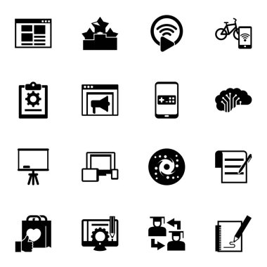 Beyaz arkaplanda 16 web dolu simge izole edildi. Ön uç, Sıralama, Livestream, proje, Banner reklamları, mobil oyun, tahta standı, ilgili web tasarım simgeleri ile simgeler ayarlandı.