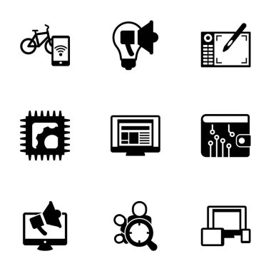 9 mobil doldurulmuş simge beyaz arkaplanda izole edildi. Akıllı bisiklet, yaratıcı kampanya, grafiksel tablet, elektronik onarım, düzen, dijital cüzdan, dijital pazarlama simgeleri ile ayarlanmış simgeler.