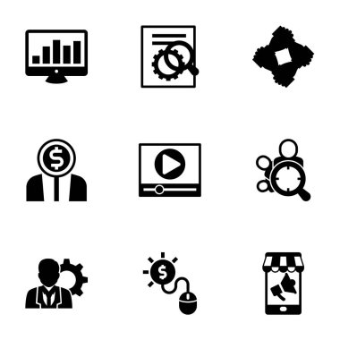 Beyaz arkaplanda izole edilmiş 9 yönetim doldurulmuş simgesi. Seo izleme, Seo optimizasyonu, başlangıç takımı, girişimcilik, video pazarlama ve hedef simgeleri ile belirlenen simgeler.