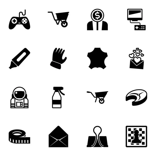 16 object filled icons set isolated on white background. Icons set with Gaming, wheelbarrow, Entrepreneurship, Marker, Garden gloves, leather, astronaut, Spray bottle, Video games icons. — Stock Vector