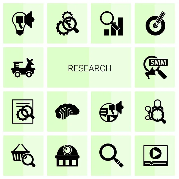 14 research filled icons set isolated on white background. Icons set with moon rover, SEO optimization, AI Architecture, Social Marketing, Creative campaign, Search optimization icons. — 图库矢量图片