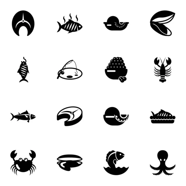 16 iconos llenos de mariscos establecidos aislados sobre fondo blanco. Iconos con salmón, pescado a la parrilla, pescado ahumado, pesca, caviar, atún, filete de pescado, mejillón, langosta, cangrejo, ostras iconos . — Vector de stock