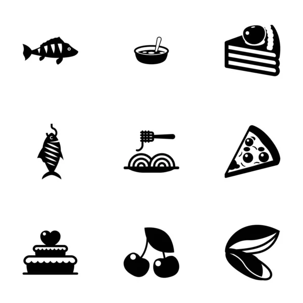 9 köstlich gefüllte Symbole auf weißem Hintergrund. Symbole mit Barsch, Suppe, Dessert, geräuchertem Fisch, Pasta, Pizza, Hochzeitstorte, Kirsche, Muschelsymbolen. — Stockvektor