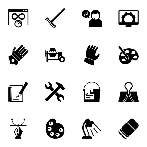 16 ikon wypełnionych sprzętem odizolowanych na białym tle. Ikony w zestawie z pasmem, grabie, śpiew, rękawice rękawice rękawic, betoniarka, rękawice ogrodowe, szkicowanie, narzędzia, ikony naprawy komputera. — Wektor stockowy