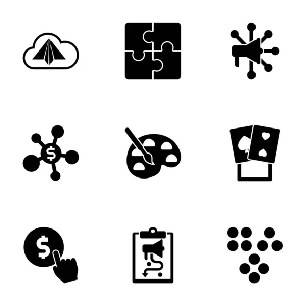 9 abstraktních vyplněných ikon na bílém pozadí. Ikony set s Origami, Puzzle, Reklamní sítě, Obchodní sítě, Malování, poker, Náklady na kliknutí, Sociální média ikony strategie. — Stockový vektor