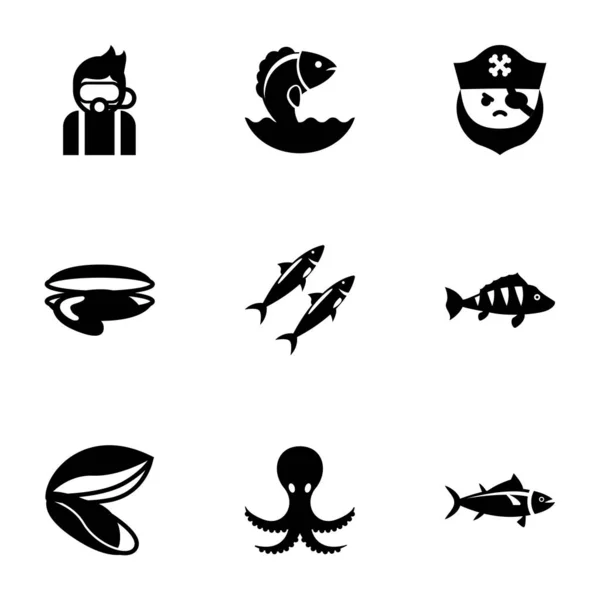 9 oceánů vyplněné ikony nastavit izolované na bílém pozadí. Ikony se sadou potápění, mořské plody, pirát, ústřice, sardinka, okoun, mušle, chobotnice, tuňák ikony. — Stockový vektor
