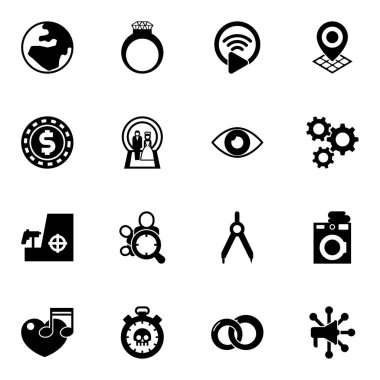 Beyaz arkaplanda izole edilmiş 16 daire doldurulmuş simge. Küre, elmas yüzük, Livestream, kumarhane fişi, düğün, görüş, keskin nişancı, hedef kitlesi, coğrafi hedef simgeleri.