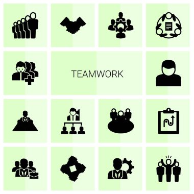 Takım çalışması dolu 14 simge beyaz arkaplanda izole edildi. Takipçiler, Yönetici, Liderlik, Kullanıcı, Personel, Ortaklık, Meslektaşlar, İş Adamları, Başlangıç Ekibi simgeleri.