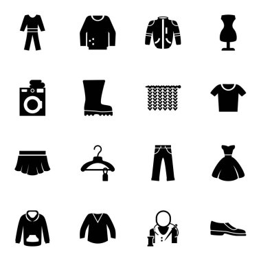 16 clothing filled icons set isolated on white background. Icons set with pyjamas, jumper, jacket, Laundry service, Rubber boots, Knitting, skirt, Clothes, sewing mannequin icons.