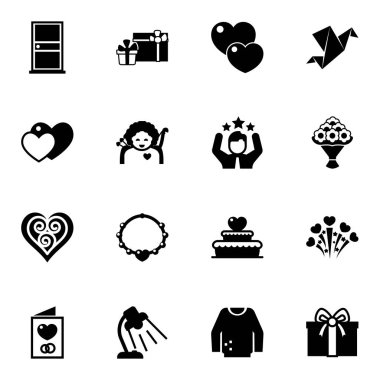 16 decoration filled icons set isolated on white background. Icons set with door, gifts, love, cupid angel, celebration, Quilling, necklace, Origami, bouquet, Invitation icons.