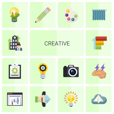 14 creative flat icons set isolated on white background. Icons set with Business Company, project, innovation, Priority, great solution, Pencil, Artists palette, Knitting icons.