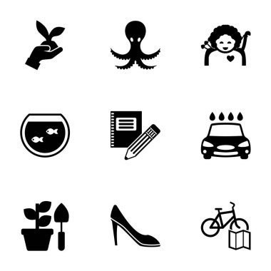 9 silhouette filled icons set isolated on white background. Icons set with Gardening, octopus, cupid angel, Aquarium, Stationery, Car wash service, woman shoes, Bike rental map icons.