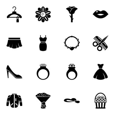 16 beauty filled icons set isolated on white background. Icons set with Clothes, Floral design, rose, skirt, dress, necklace, woman shoes, diamond ring, kiss, Hairdressing salon icons.