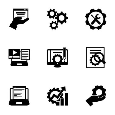 9 cog filled icons set isolated on white background. Icons set with web services, cogwheel, Repair service, Systems Integration, Content management, SEO optimization, Web Development icons.