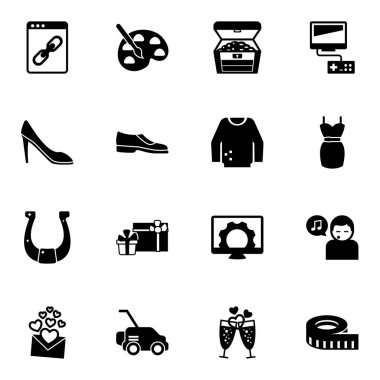 16 object filled icons set isolated on white background. Icons set with Web Link, Painting, treasure, woman shoes, Man shoes, jumper, horseshoe, gifts, Video games, dress icons.