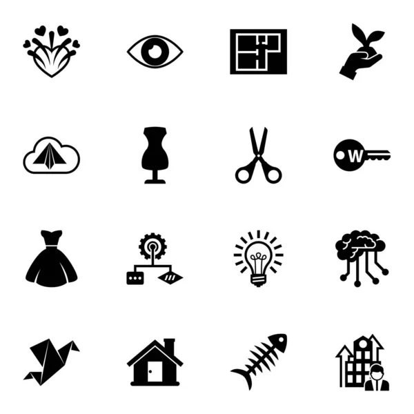 16 tvar vyplněné ikony nastavit izolované na bílém pozadí. Ikony set s ohňostrojem, vize, Property plan, Origami, šití figuríny, nůžky, nevěsta šaty, Algoritmus, Zahradní ikony. — Stockový vektor
