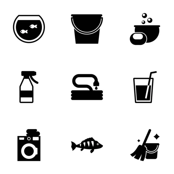 9 vodou naplněné ikony nastavit izolované na bílém pozadí. Ikony set s akváriem, kyblík, mýdlo, sprej láhev, zahradní hadice, nápoje, prádelna, bidýlko, úklid ikony. — Stockový vektor