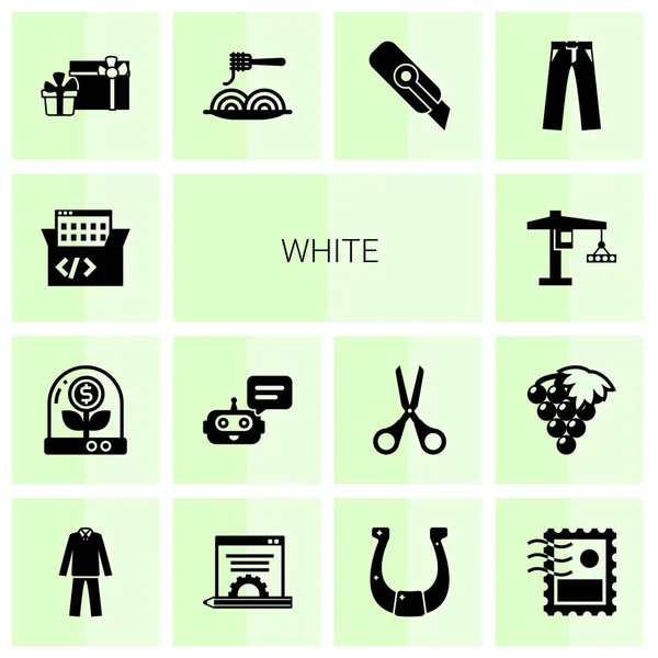 14 white filled icons set isolated on white background. Icons set with Game-based Learning, Business incubator, Chat Bot, tower crane, gifts, Pasta, Cutter knife, trousers icons. — Stock Vector