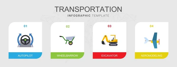 Bilgi şablonuna izole edilmiş 4 ulaşım düz simgesi. Otomatik pilot, El Arabası, Kazıcı, Aeromodelleme simgeleri ile simgeler ayarlandı. — Stok Vektör