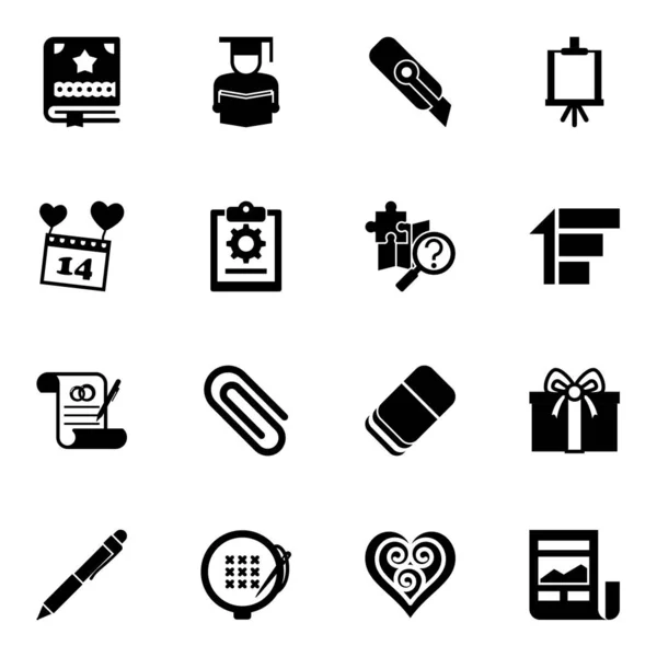 На белом фоне выделено 16 бумажных иконок. Icons set with Scrapbooking, Product Listing, Cutter Knife, Valentines Day, project, quest, mariage contract, Paperclip . — стоковый вектор