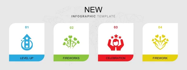 4 개의 새로운 채워진 아이콘들은 인포 그래픽 템플릿에서 분리되었다. 레벨 업, 불꽃놀이, 축하 행사, 불꽃놀이 아이콘으로 설정 된 아이콘. — 스톡 벡터