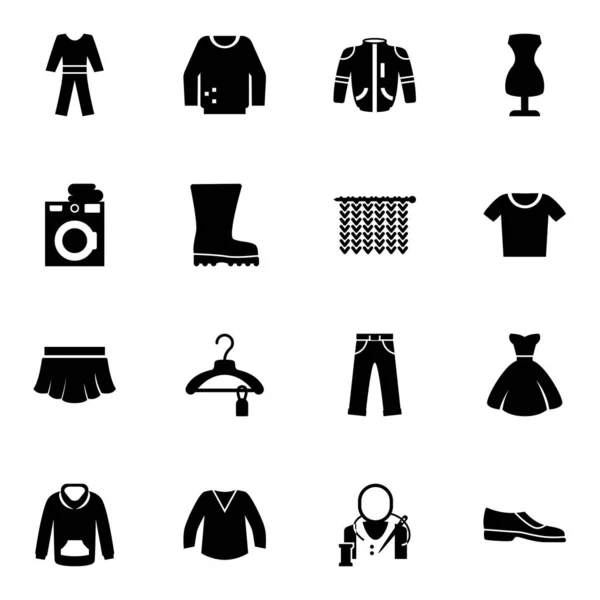 Conjunto de 16 iconos llenos de ropa aislados sobre fondo blanco. Conjunto de iconos con pijamas, jersey, chaqueta, Servicio de lavandería, Botas de goma, Tejer, falda, Ropa, iconos de maniquí de costura . — Archivo Imágenes Vectoriales
