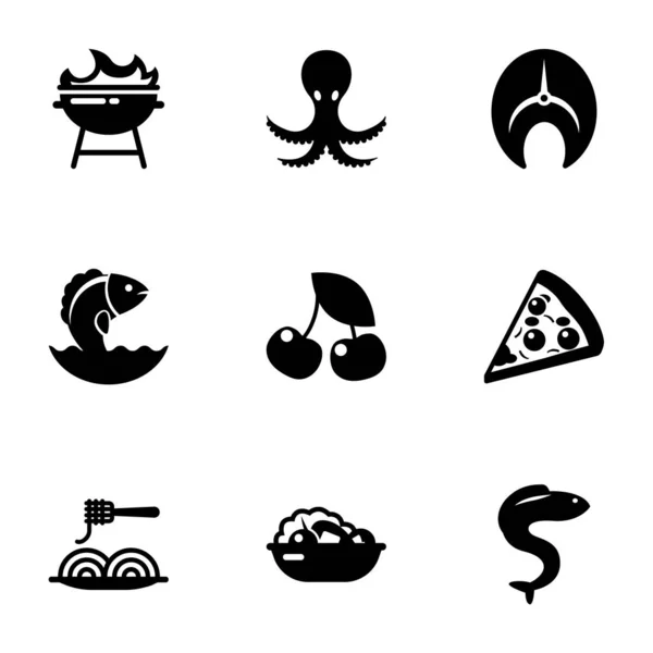 9 potravin naplněné ikony nastavit izolované na bílém pozadí. Ikony s grilem Bbq, chobotnicí, lososem, mořskými plody, třešní, pizzou, těstovinami, salátem, ikonami úhoře. — Stockový vektor