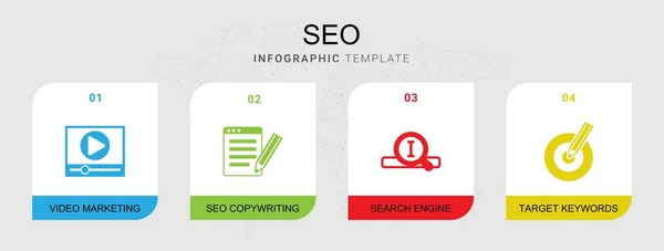 4 seo filled icons set isolated on infographic template. Icons set with Video marketing, SEO copywriting, Search engine, Target keywords icons. — 스톡 벡터