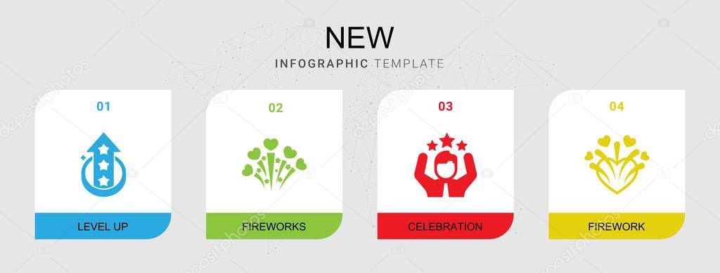 4 new filled icons set isolated on infographic template. Icons set with level up, fireworks, celebration, firework icons.