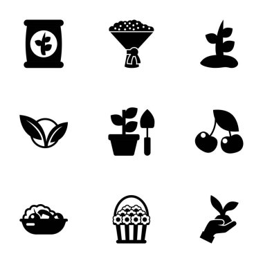 9 leaf filled icons set isolated on white background. Icons set with fertilizer, bridal bouquet, Plant, vegetarian, Gardening, cherry, Salad, flower basket icons.