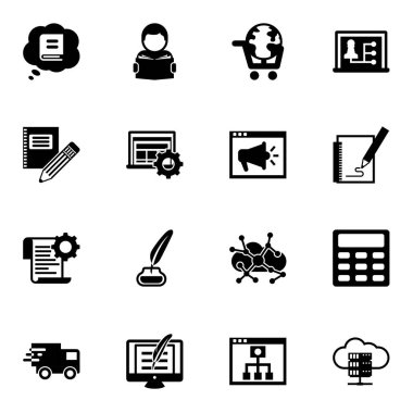 16 education filled icons set isolated on white background. Icons set with Knowledge, Reading, eLearning, Stationery, Interactive Course, Video training, Self-learning icons.