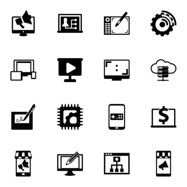 16 screen filled icons set isolated on white background. Icons set with Digital marketing, Distance teacher, Graphic tablet, responsive web design, video Presentation, Aspect Ratio icons.