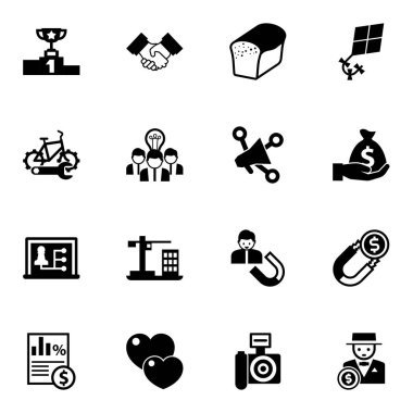 16 design filled icons set isolated on white background. Icons set with competition, Partnership, bread, bike repair service, Collaborative idea, Social media marketing icons.