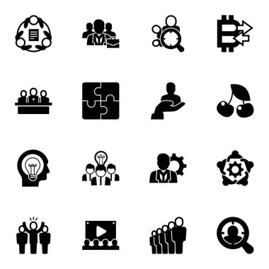 16 group filled icons set isolated on white background. Icons set with teamwork, business people, Audience targeting, developers team, Puzzle, client, Creative people, Collaborative idea icons.