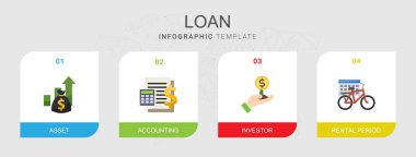 4 loan flat icons set isolated on infographic template. Icons set with Asset, Accounting, Investor, rental period icons.