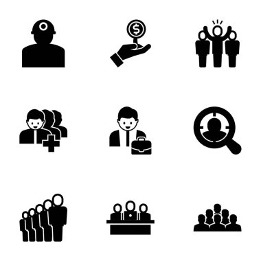 9 manager filled icons set isolated on white background. Icons set with worker, Investor, leader, Followers, Entrepreneur, Target Audience, staff, developers team, employee icons.