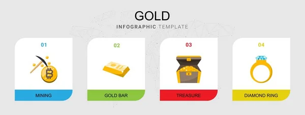 Conjunto de 4 iconos planos dorados aislados en plantilla infográfica. Iconos con Minería, barra de oro, tesoro, iconos anillo de diamantes . — Archivo Imágenes Vectoriales