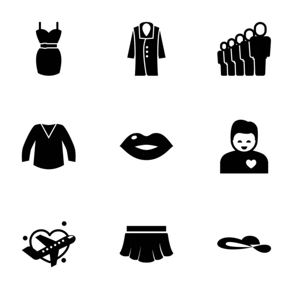 9 female filled icons set isolated on white background. Icons set with dress, coat, staff, blouse, kiss, girlfriend, Honeymoon, skirt, woman hat icons. — ストックベクタ