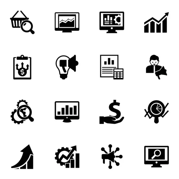Conjunto de iconos llenos de 16 gráficos aislados sobre fondo blanco. Iconos establecidos con Investigación de marketing, estadísticas, Software de contabilidad, Planificación de negocios, Campaña creativa, Iconos de balance . — Vector de stock